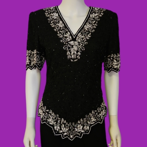VTG LAURENCE KAZAR Glass Beaded Formal Black Tie Castlecore Blouse Small - Picture 1 of 13